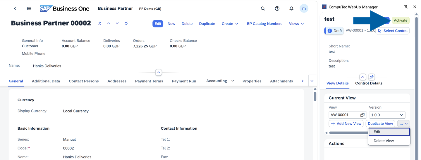 screen showing how to activate a view