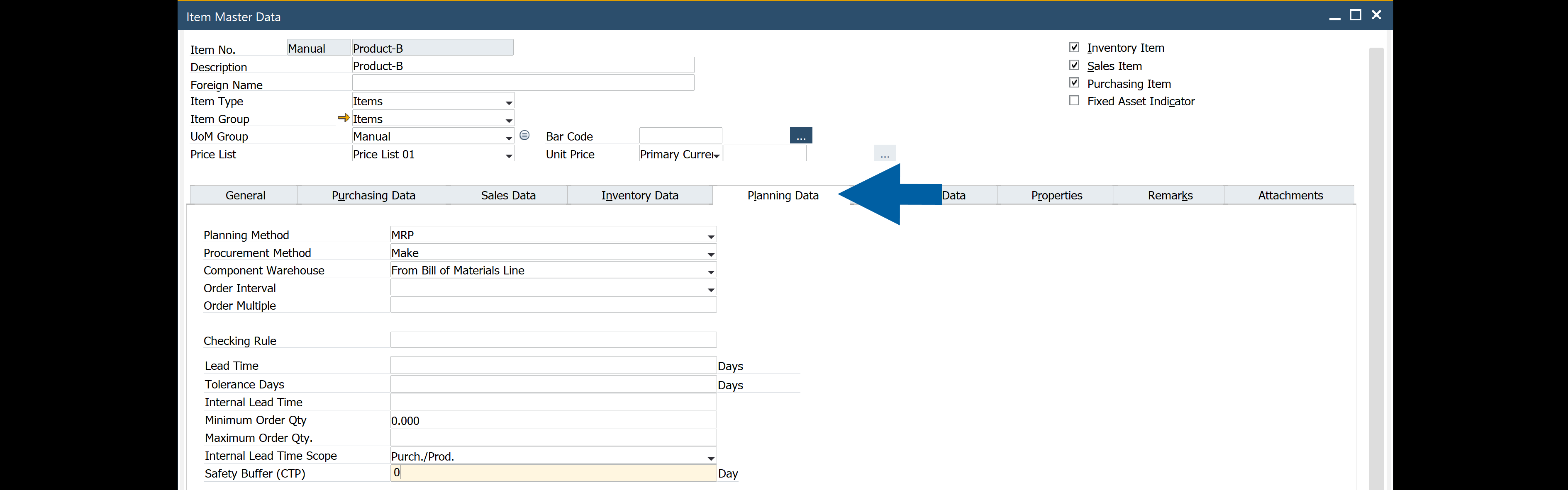 Item safety buffer on the Planning Data tab