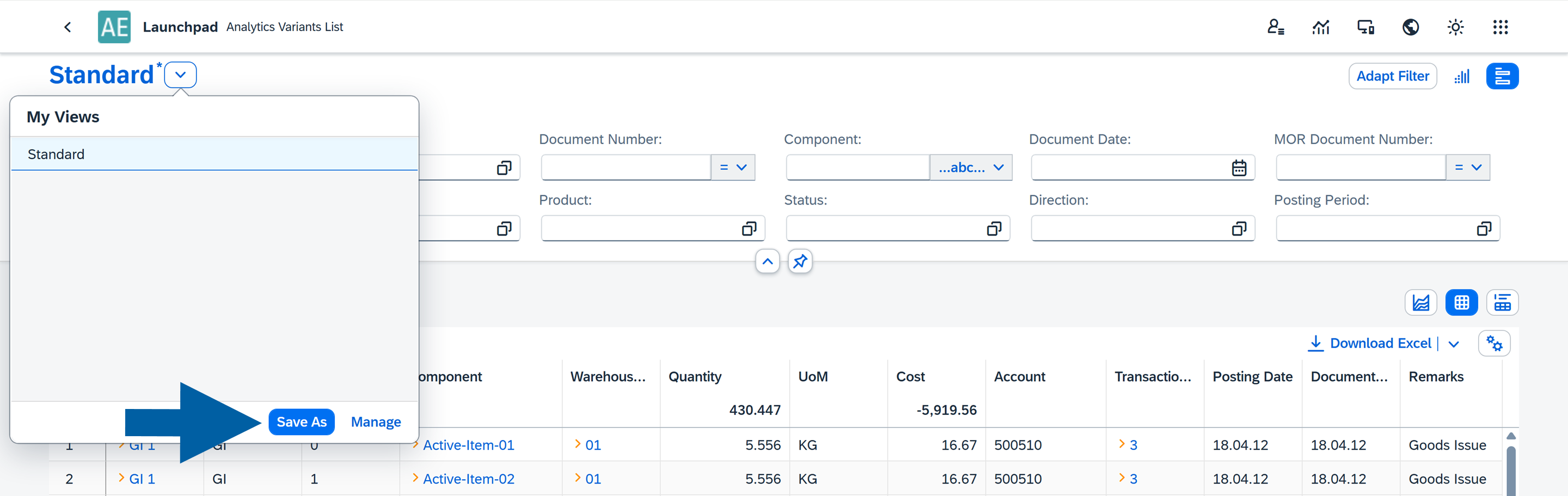 screen showing saving a view