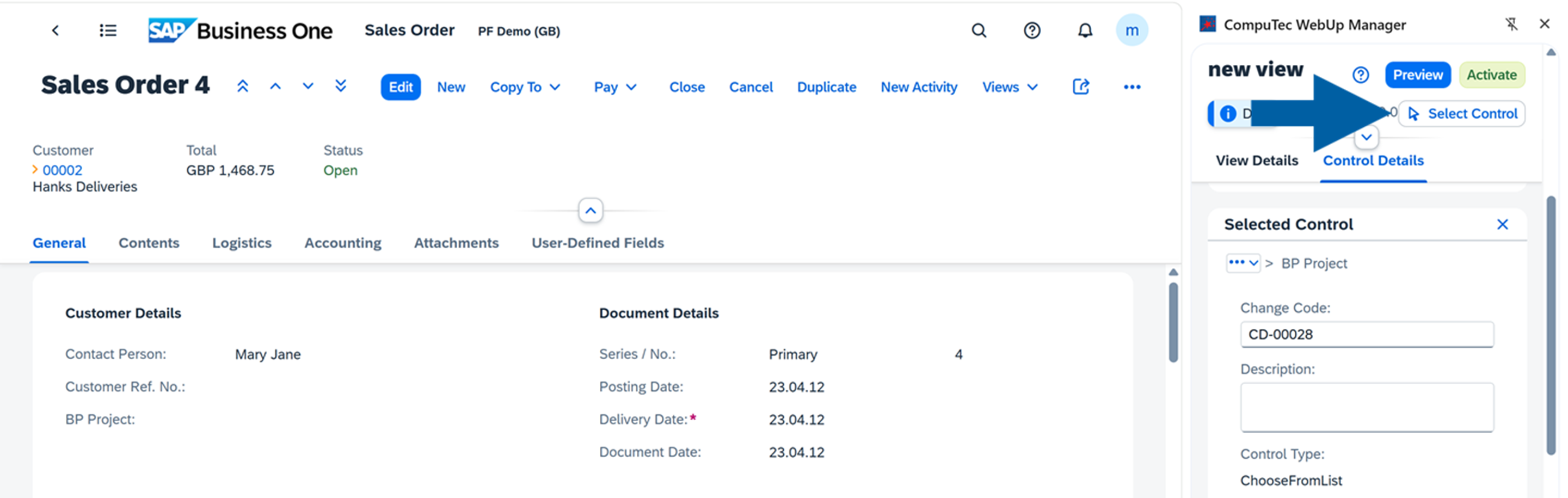 screen showing how to select a control