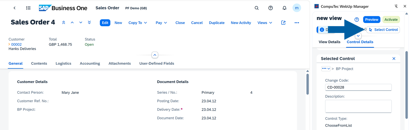 screen showing how to select a control