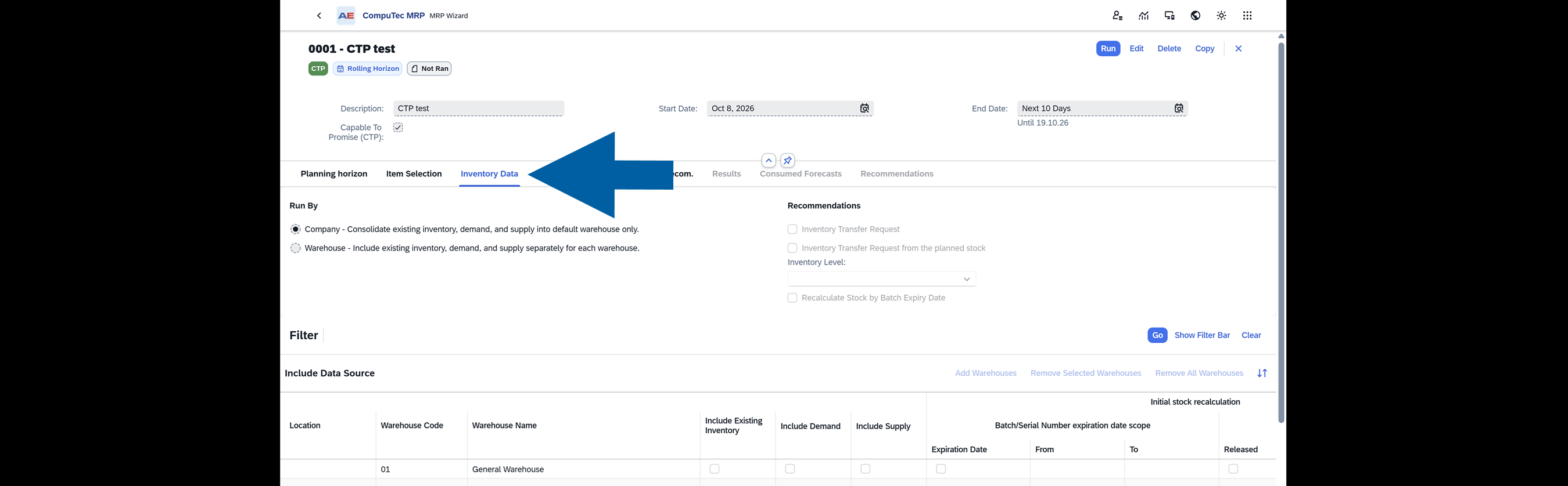 Warehouses and inventory settings included in the CTP scenario