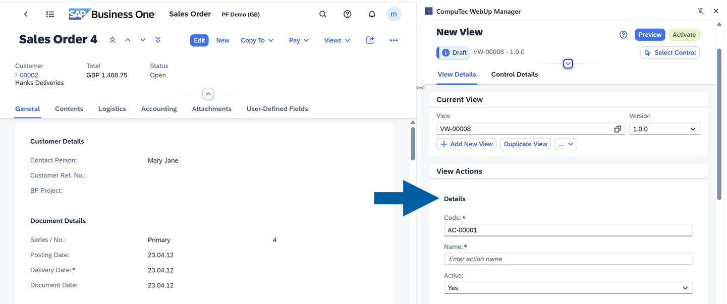 screen showing details section of view actions