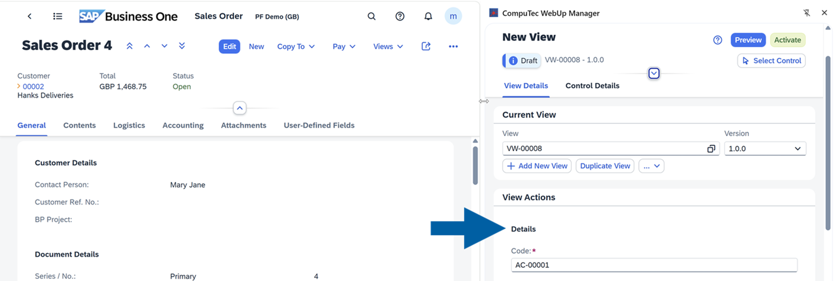 screen showing details section of view actions