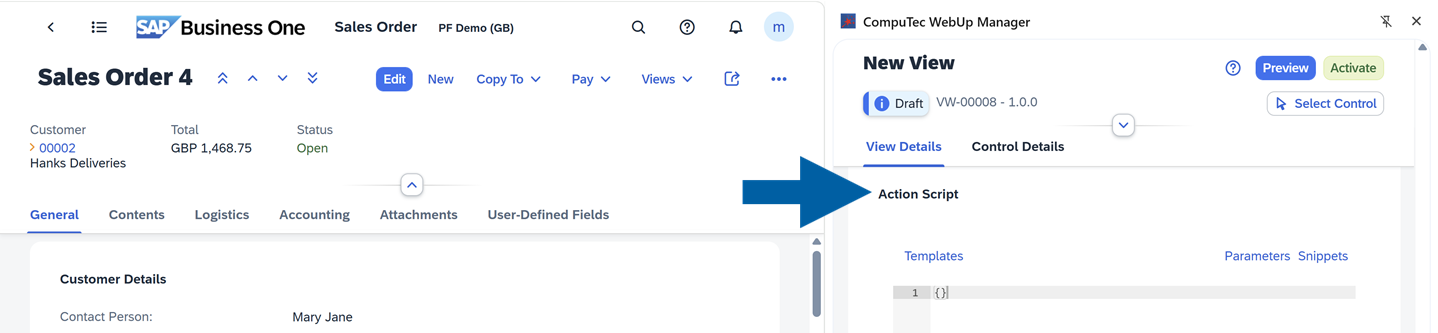 screen showing action script section of view actions
