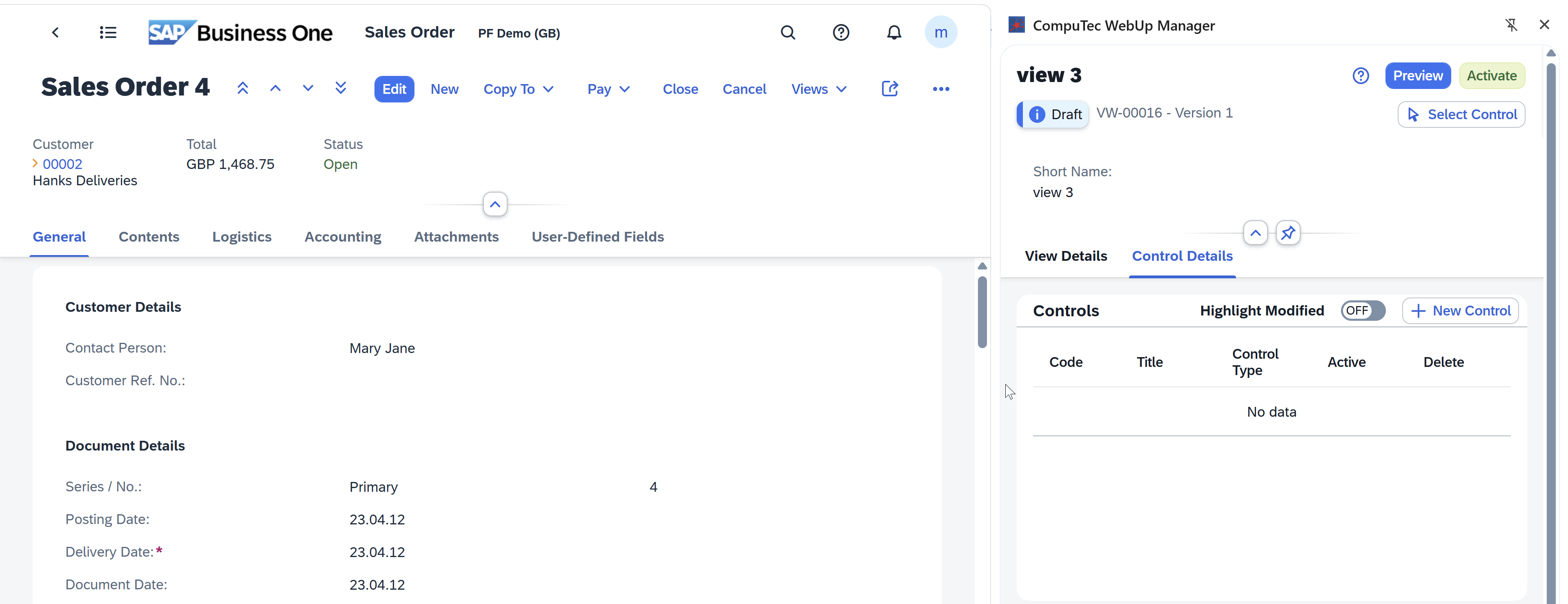 SAP Business One Sales Order 4 screen with CompuTec WebUp Manager side panel open and the form area ready for adding a new control