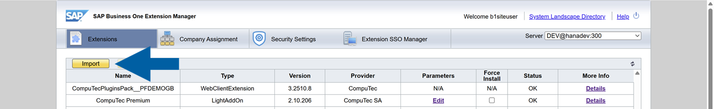 A help screen showing how to import the downloaded file to the extension manager
