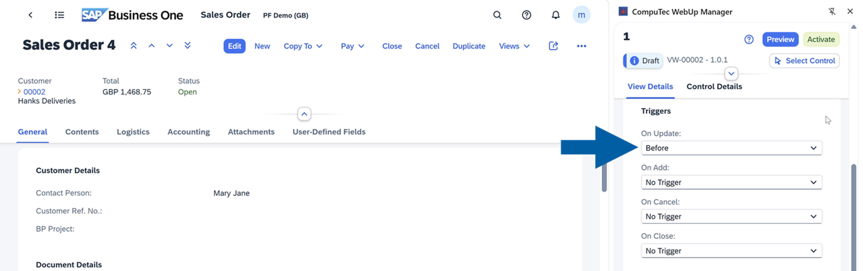 screen showing how to choose the action trigger