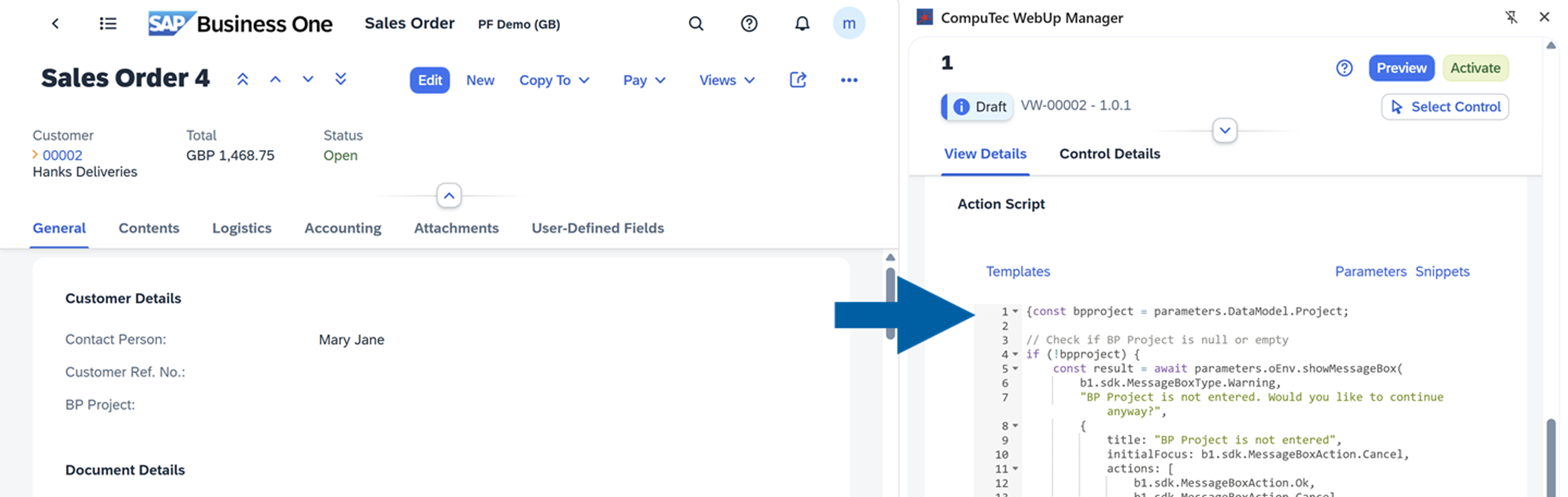 screen showing the action script field