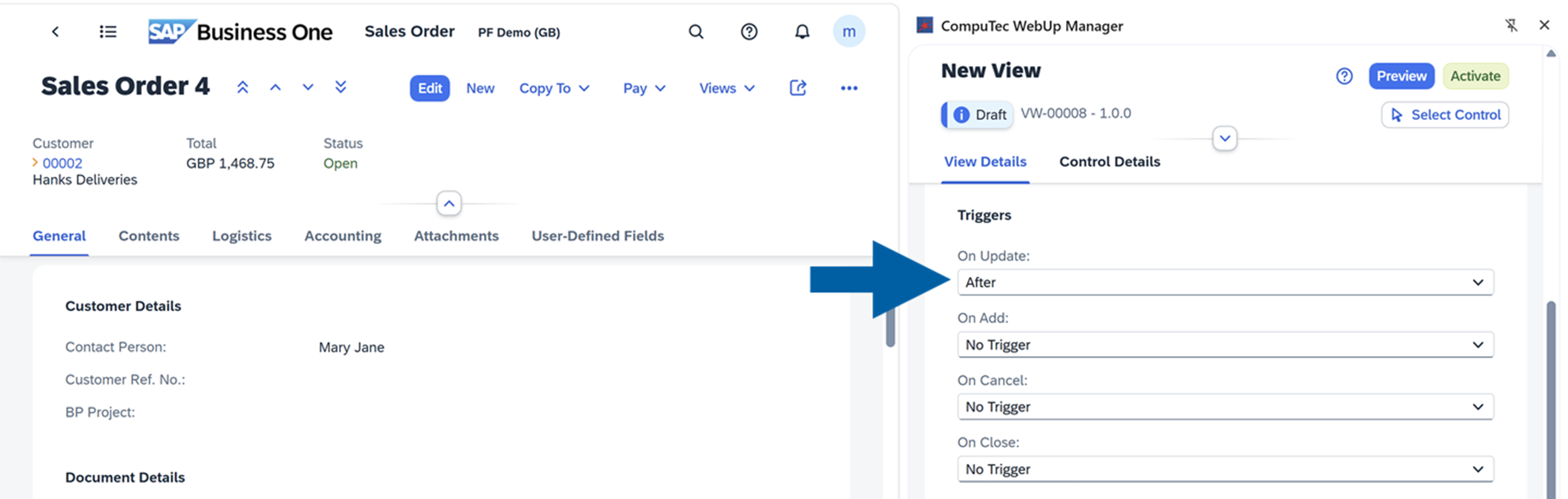 screen showing how to choose action triggers