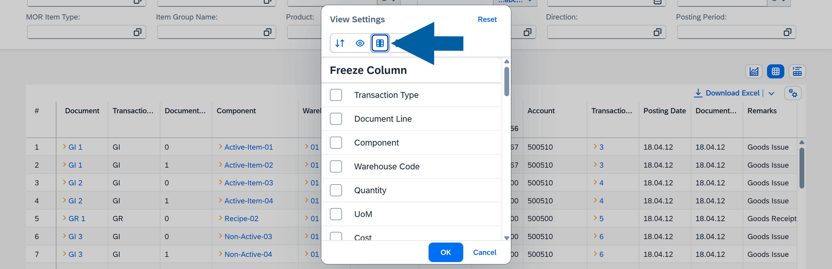 screen showng the column freeze Options