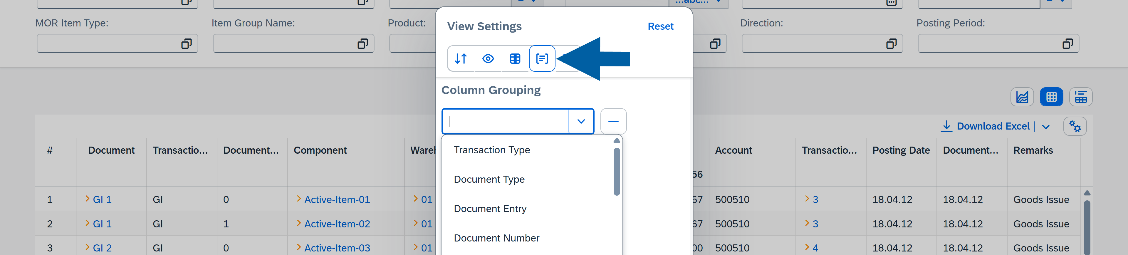 screen showng the Table column grouping Options