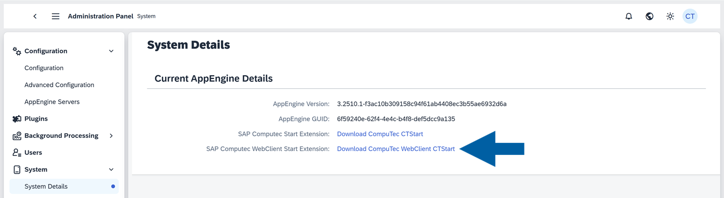A help screen showing where to find a link to the CompuTec WebClient Start Installation Pack
