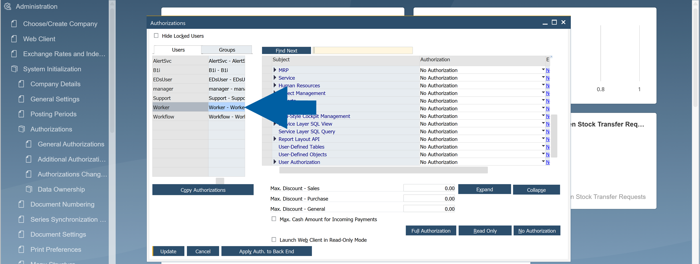 screen showing show to select groups or users in sap b1