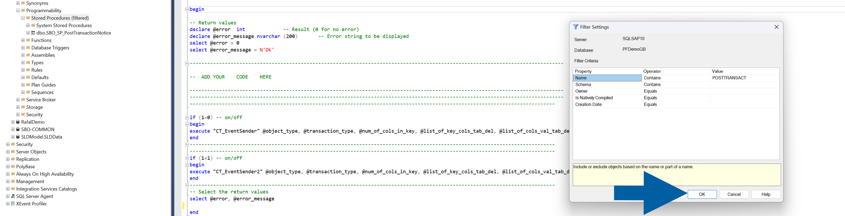 a screen showing where to find the procedure in ms sql