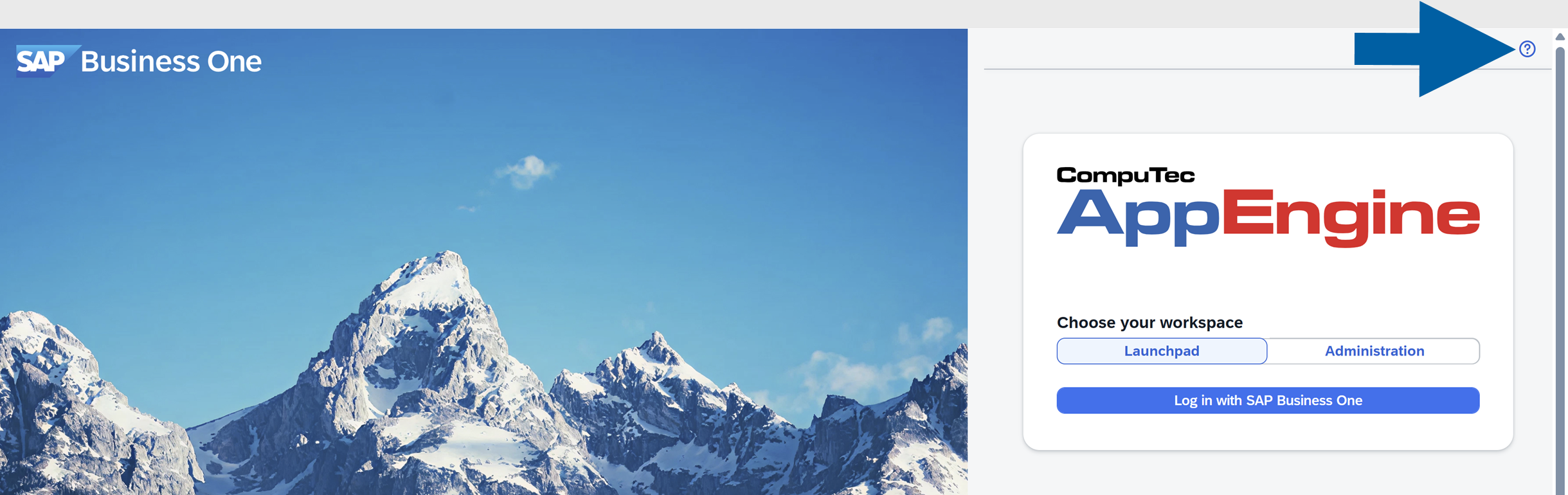 screen showing where to find the help icon to access API OData documentation for the CompuTec AppEngine login screen