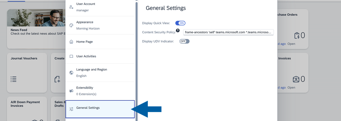 A help screen showing where to find General Settings in SAP Business One Web Client