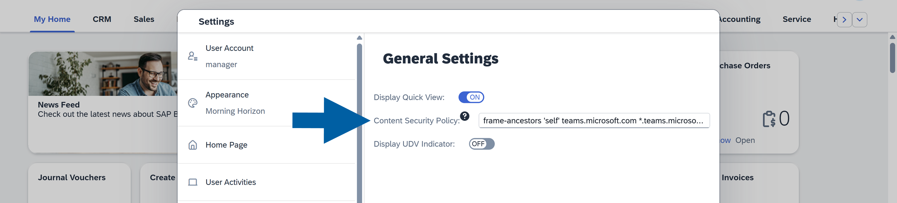 A help screen showing where to paste the required CSP entries in CSP configuration process