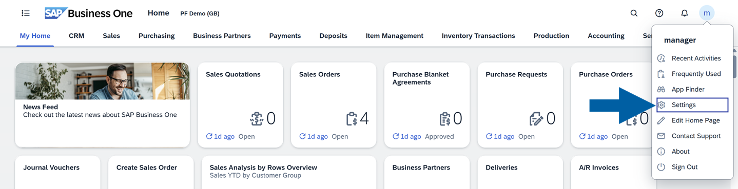 A help screen showing where to find Settings tab in SAP Business One Web Client