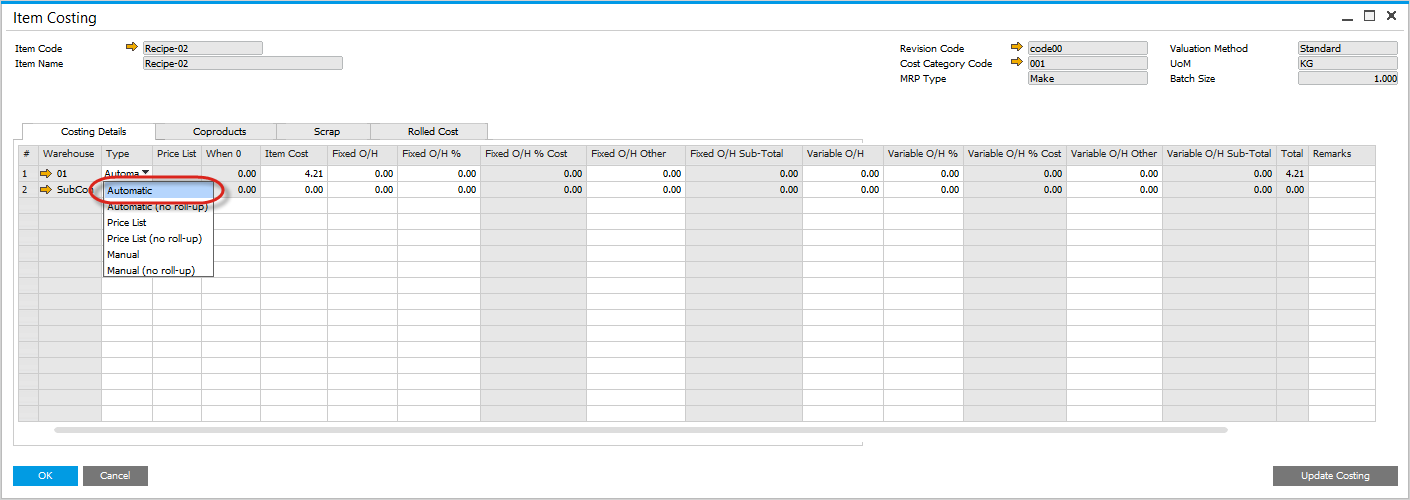 Item Costing Automatic Recipe