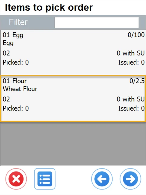 Items to pick order