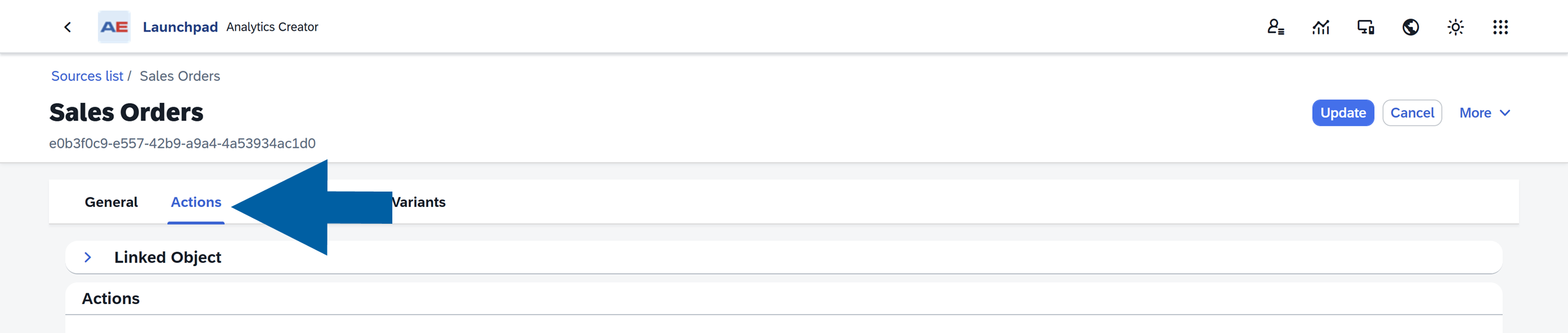 Actions tab selected in CompuTec AppEngine Source Manager with a large blue arrow pointing to the Actions tab. The primary subject is the analytics action list row for Quantity and Time Registration inside a table with headers Active Name Plugin Description. The wider environment is a business analytics configuration screen in CT AppEngine with navigation and report source controls, and the tone is functional and informational.