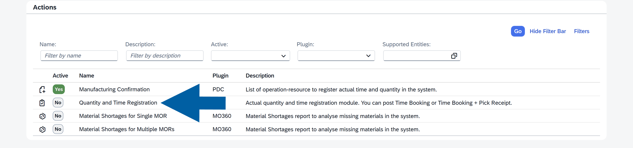 Screenshot showing the Actions tab in CompuTec AppEngine Source Manager with a list of available analytics actions. The primary subject is the action row for Quantity and Time Registration, highlighted by a large blue arrow. The wider environment includes the action table with columns for Active, Name, Plugin, and Description, and the surrounding analytics configuration interface. The tone is functional and informational.