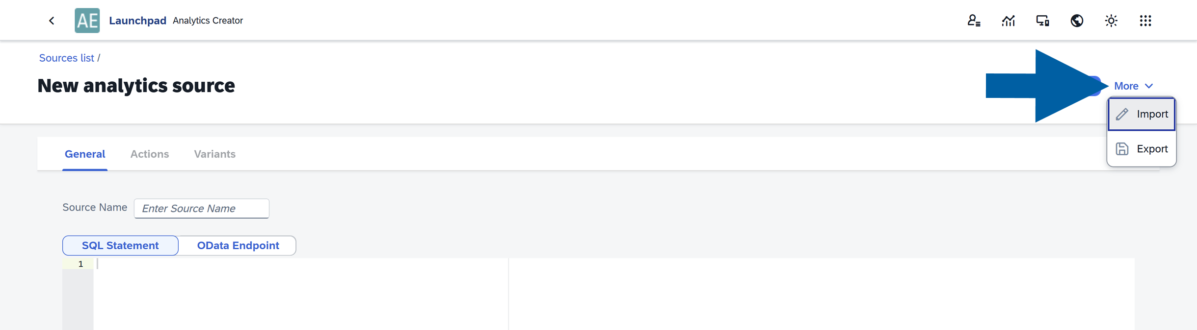 screen showing what to click to import a new data source to source manager