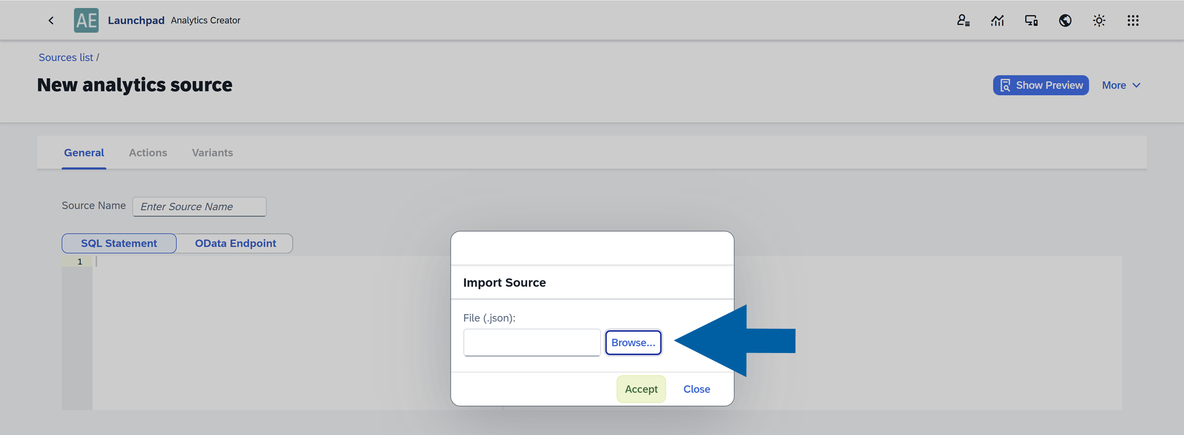screen showing how to add a json file with a data source