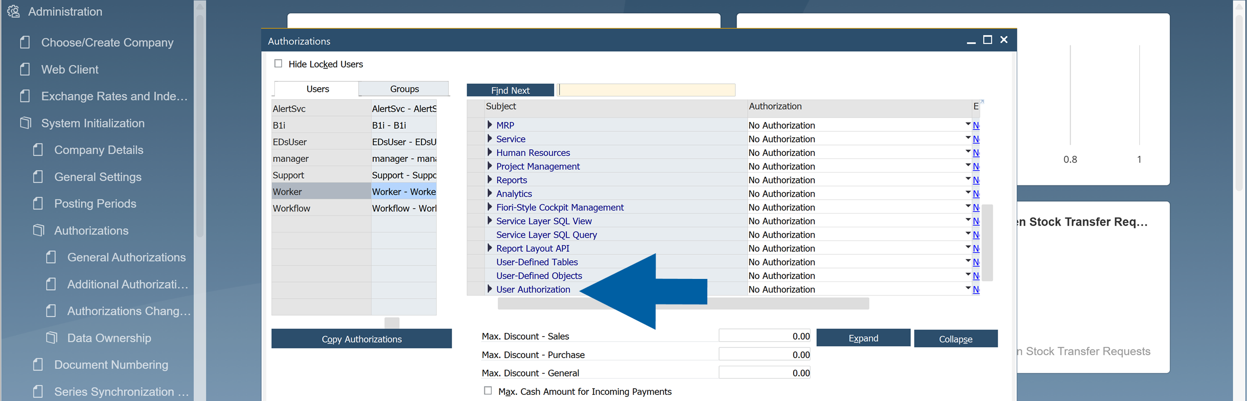 screen showing the user authorization section is sap b1