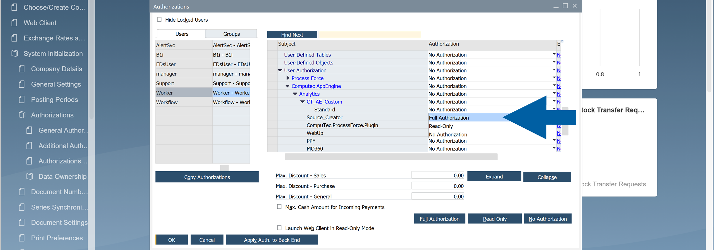 screen showing changing the permission level in sap b1