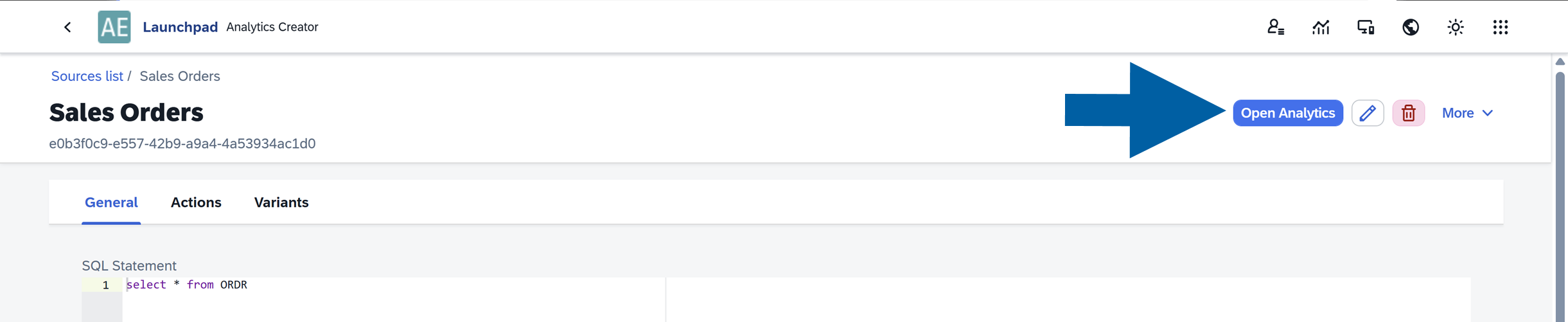 screen showing how to see your source in analytics reports by clicking open analytics button in source manager