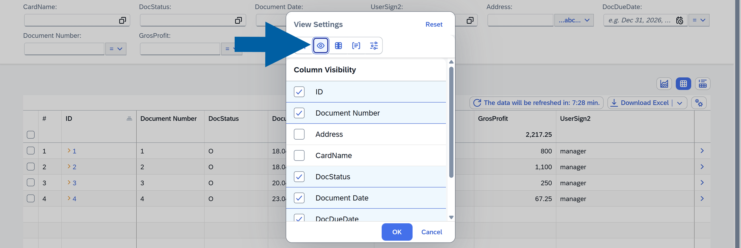 screen showng the Table visibility Options
