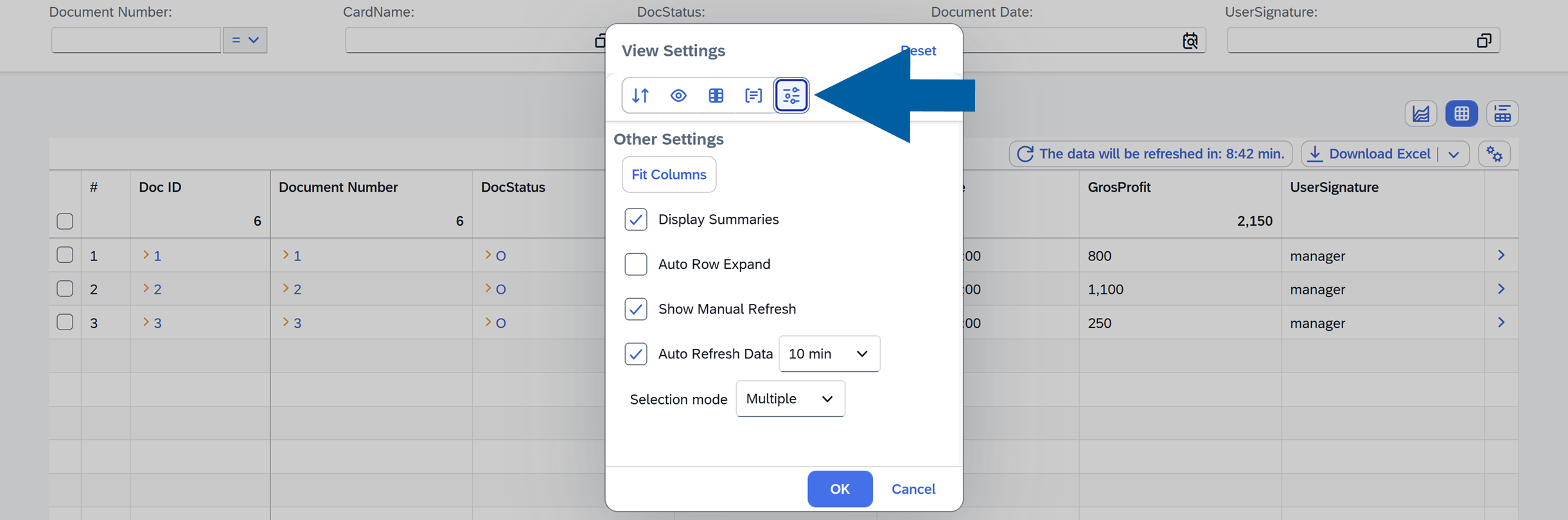 screen showng the View Settings in table report