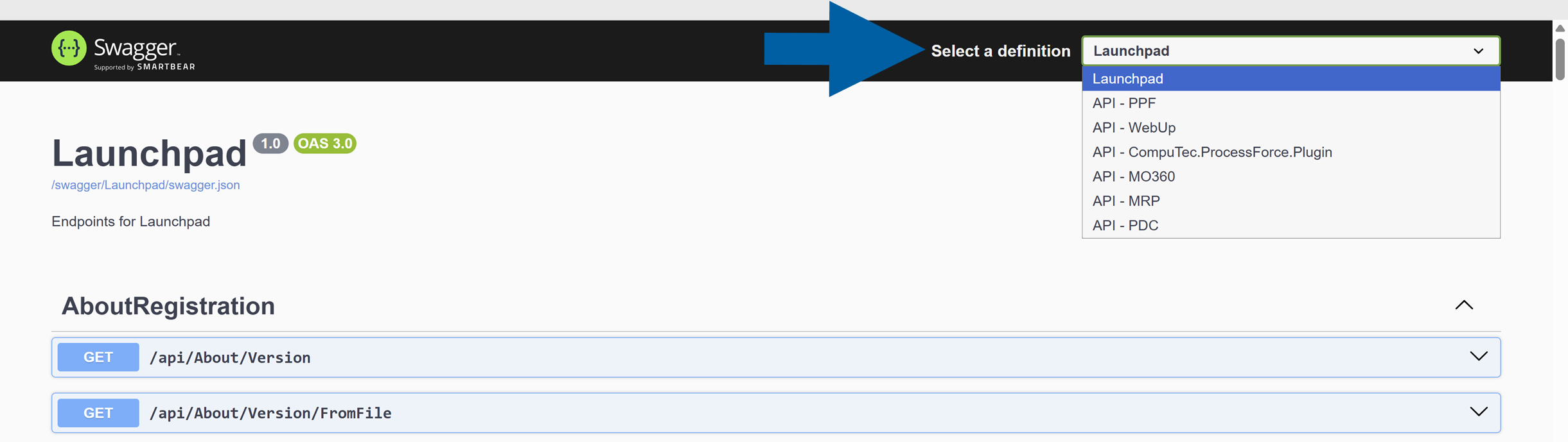 screen showing selecting a definiton for REST/ ODataAPI documentation