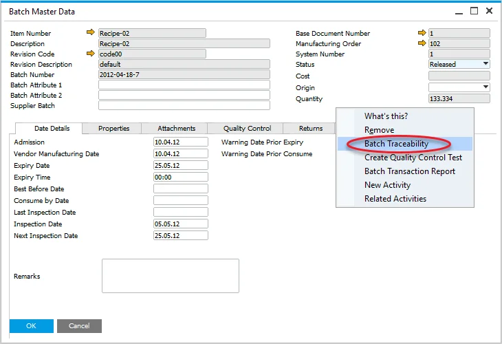 Batch Master Data -&gt; Batch Traceability