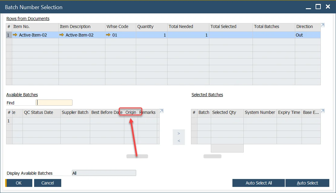 Batch Selection Origin