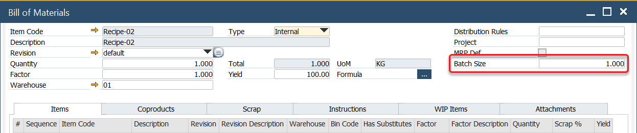 Bill of Materials Batch Size