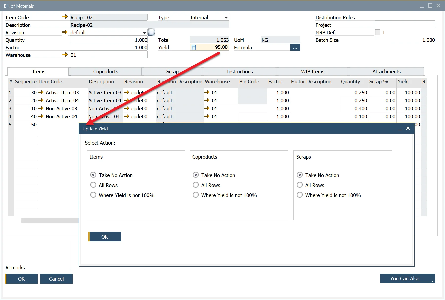 Bill of Materials Yield options