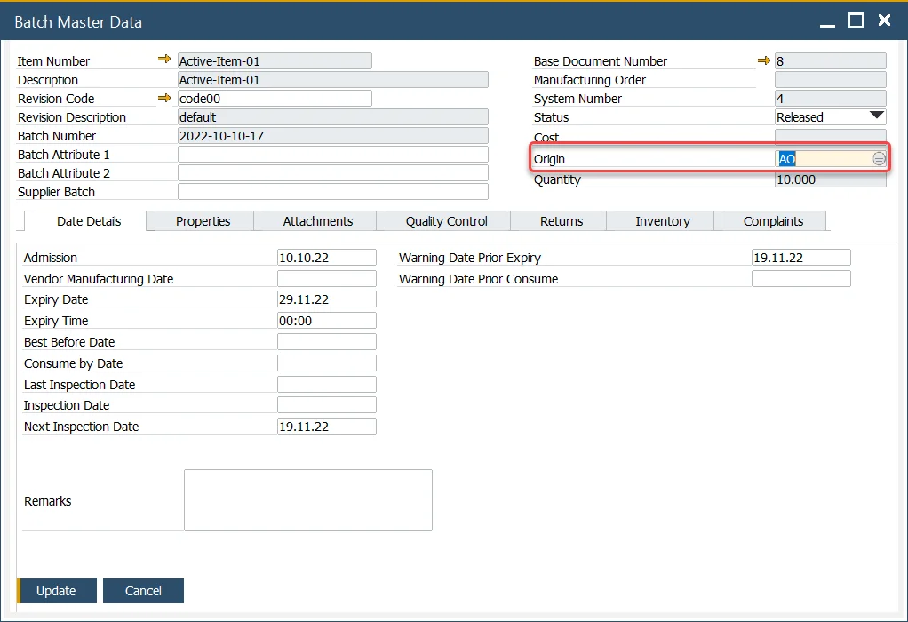 Batch Master Data Header