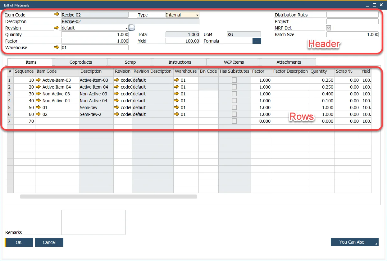 Header and rows