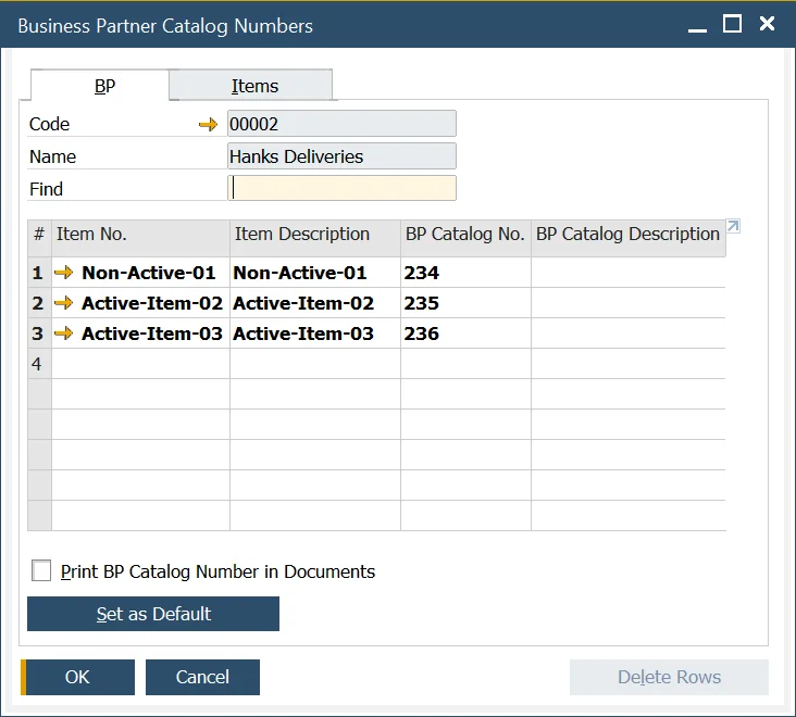 Business Partner Catalog Numbers