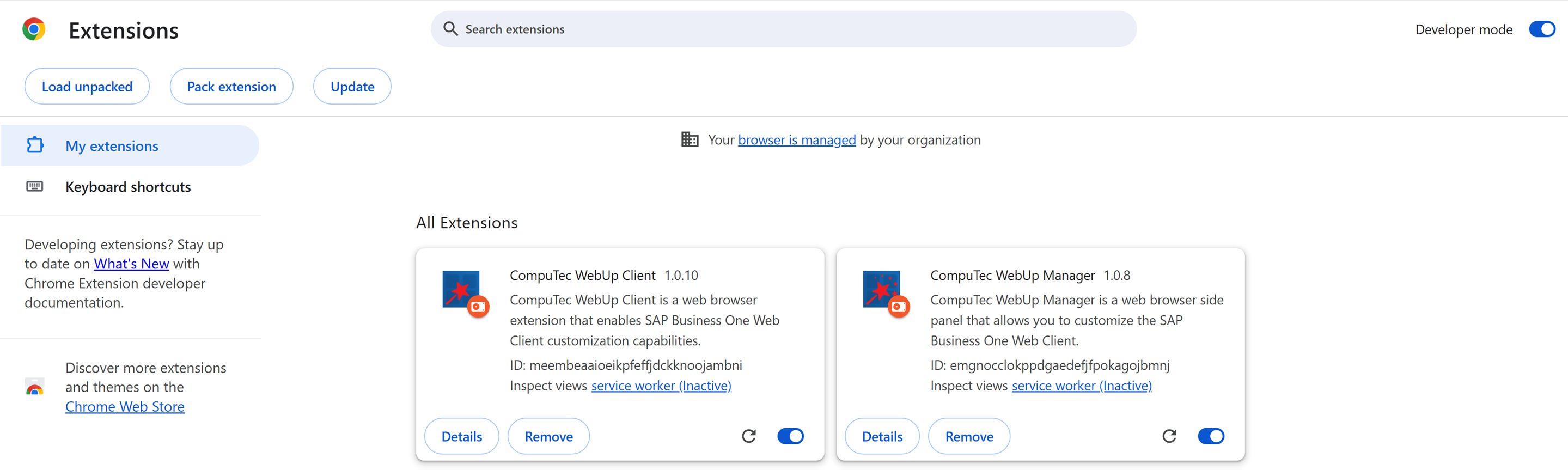 A help screen showing installed CompuTec webup extensions in Chrome browser