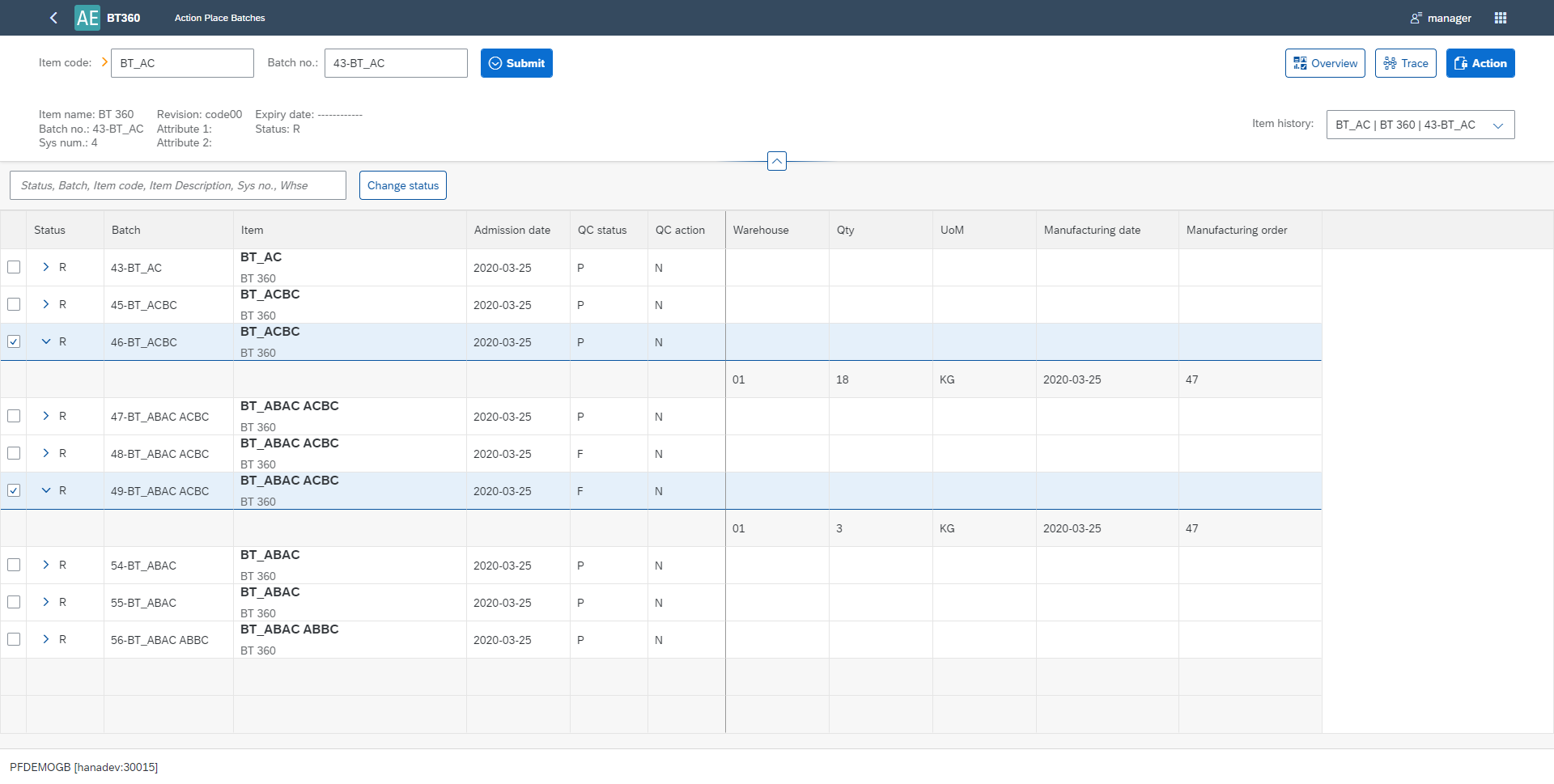 Batch Traceability 360 Change Status