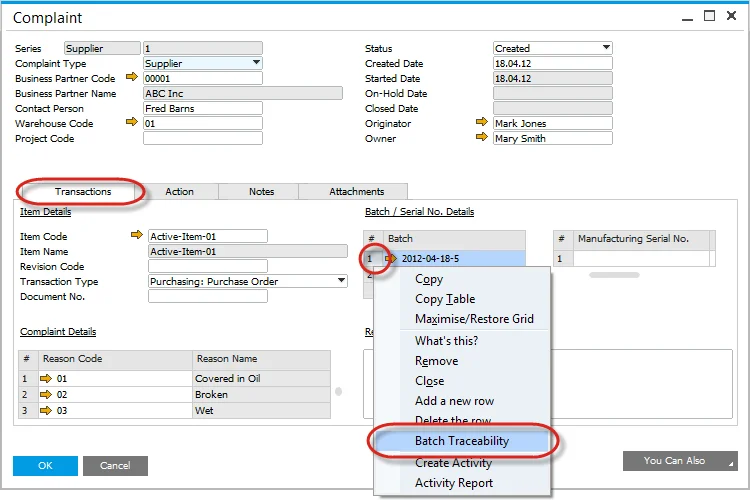 Complaint -&gt; Batch Traceability