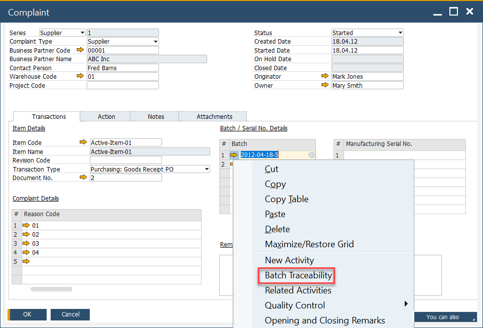 Complaint -> Batch Traceability