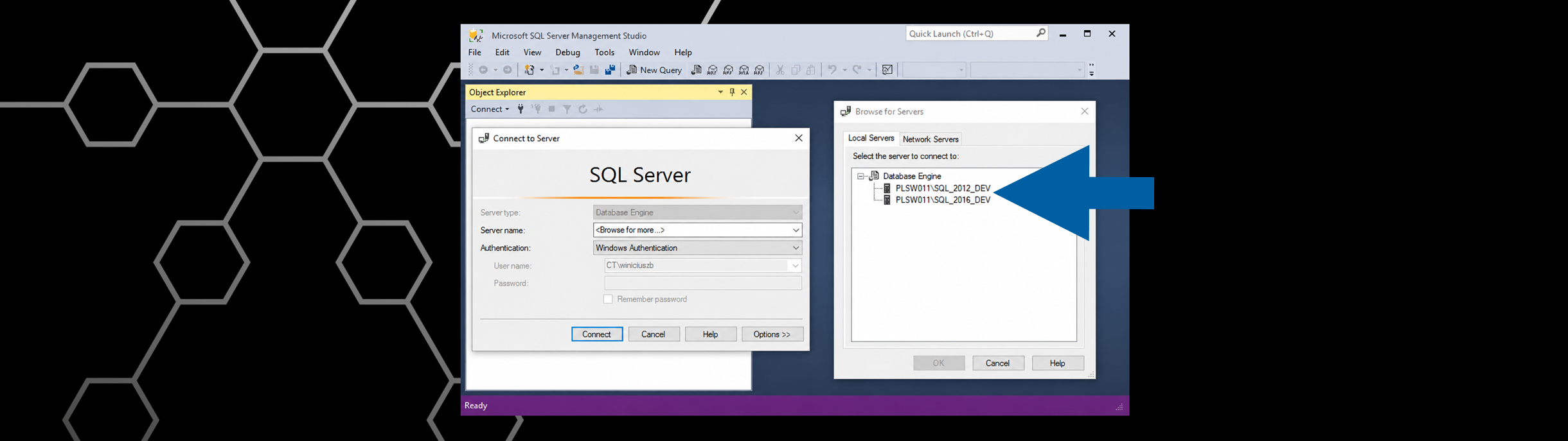 Browse for Servers dialog window displaying available SQL Server instances and their details for selection
