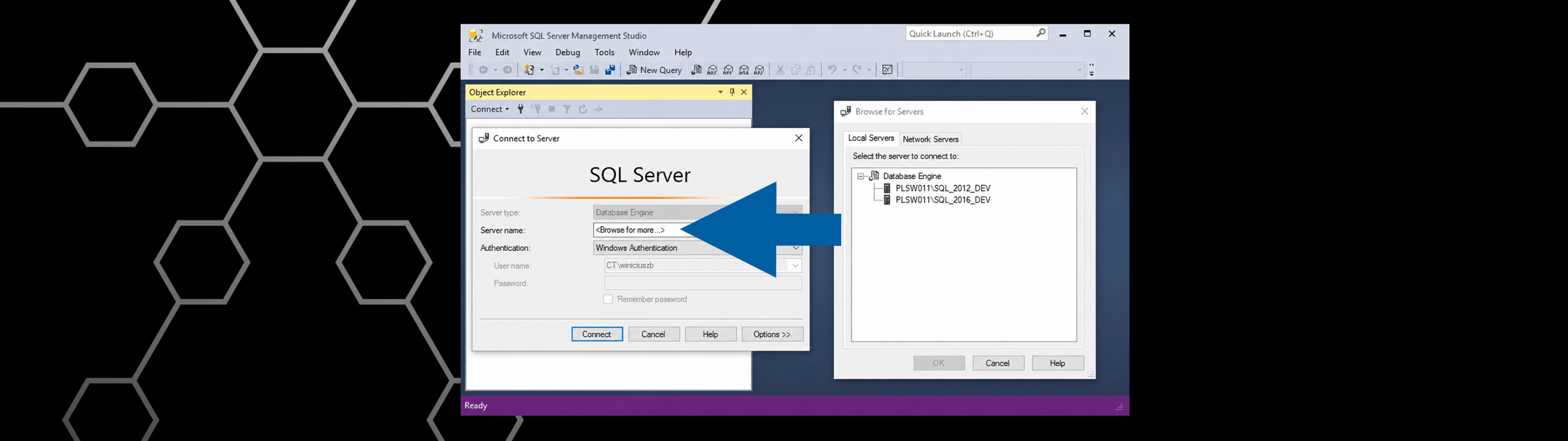 SQL Server Management Studio Object Explorer showing Connect button and Server name field with Browse for more option available