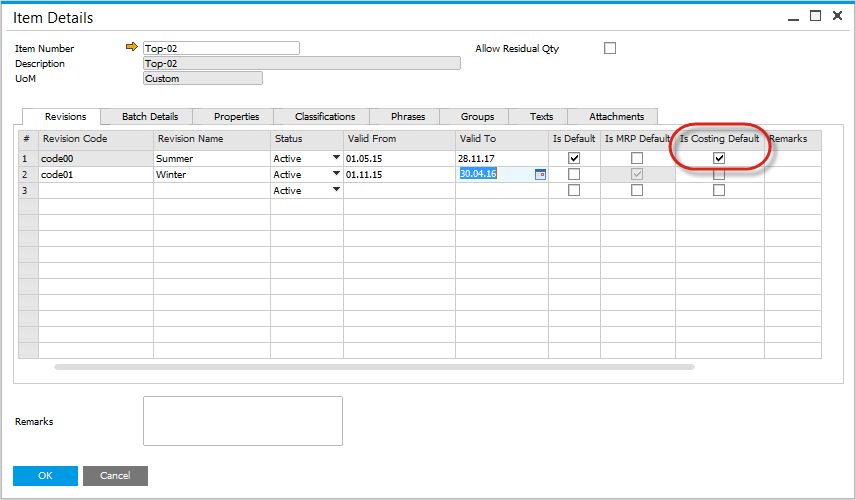 Costing Default Revision