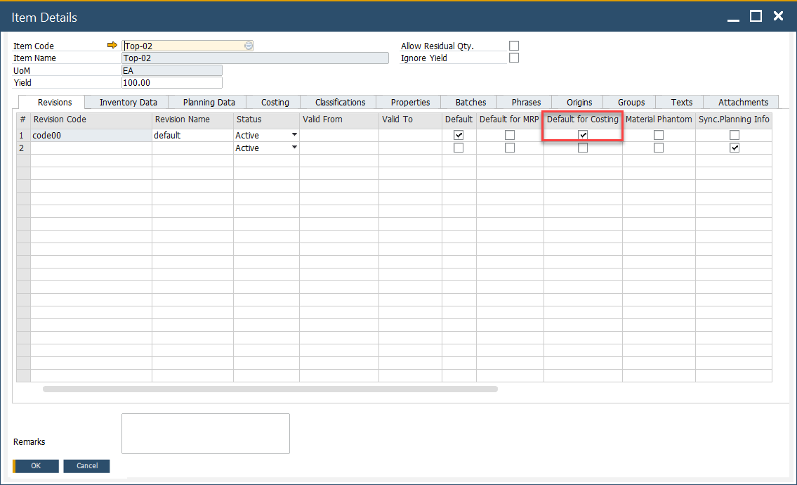 Costing Default Revision